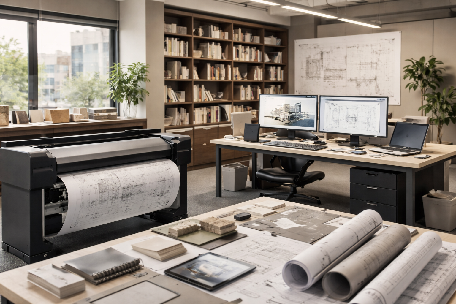 Architecture studio operations with design equipment and project materials