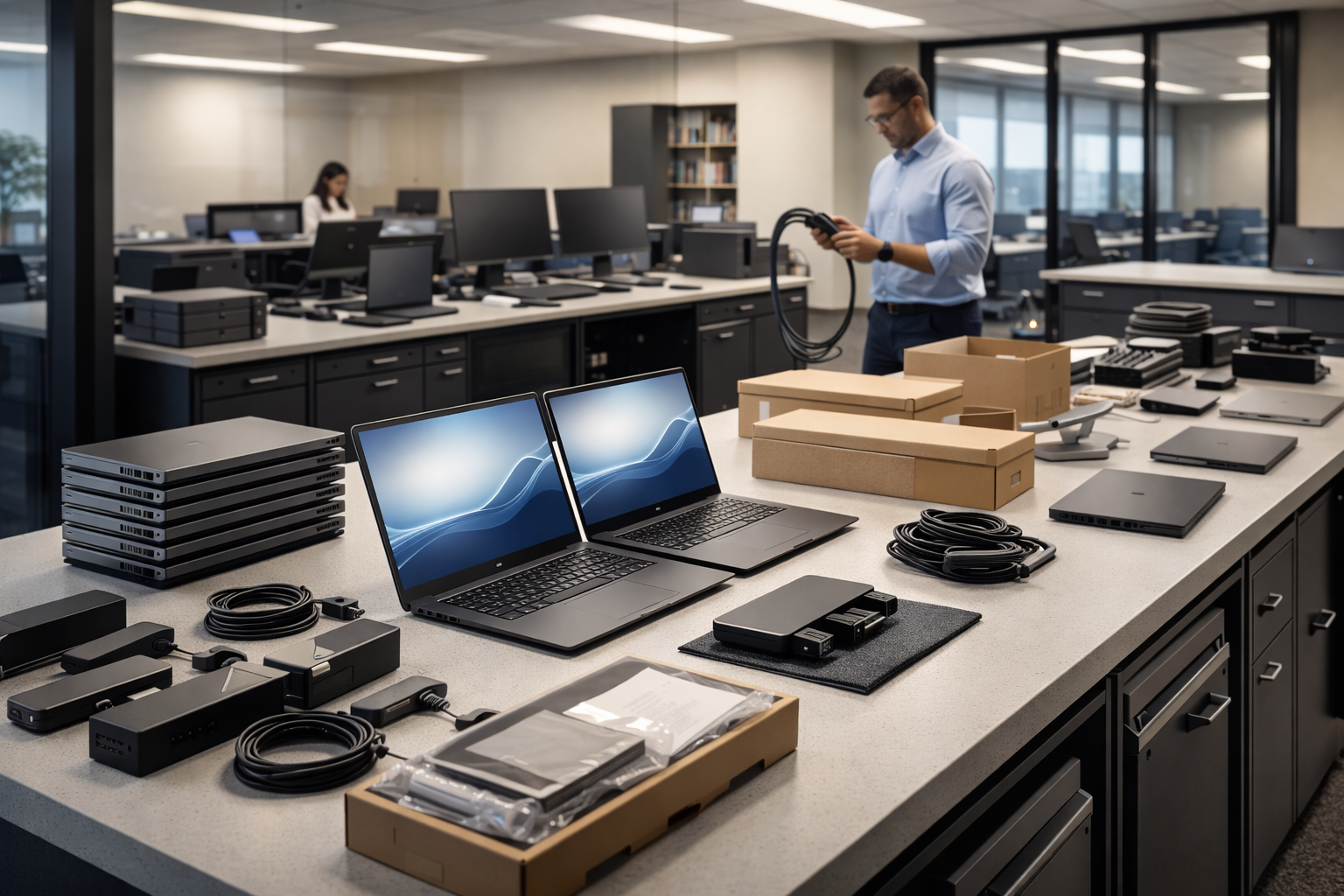 IT operations environment with laptops, peripherals, and deployment kits